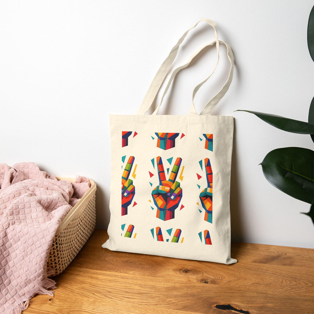 Colorful Peace Sign Cotton Canvas Tote Bag, Reusable Shopper