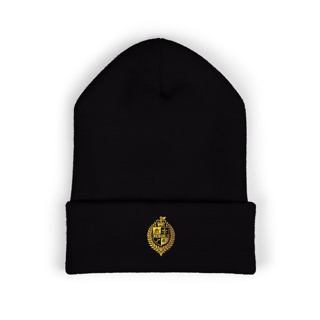 Embroidered Beanie, "Rebuild" Design, Cuffed Knit Hat
