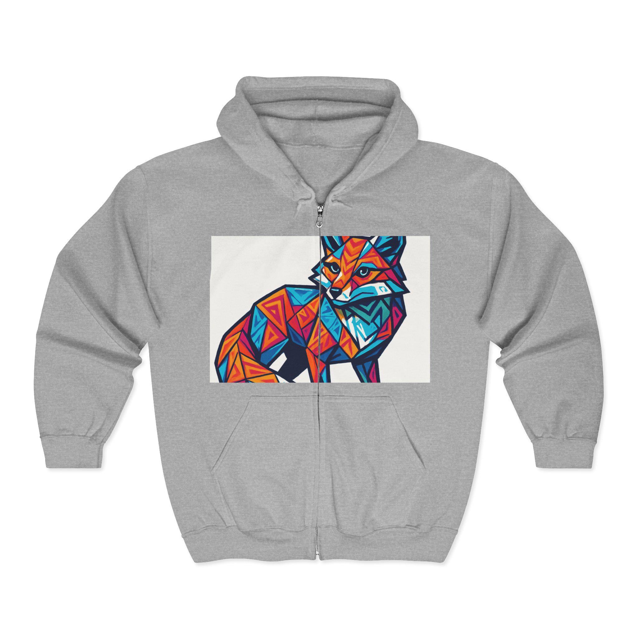 Geometric Fox Graphic Zip Hoodie - Unisex Cozy Sweatshirt