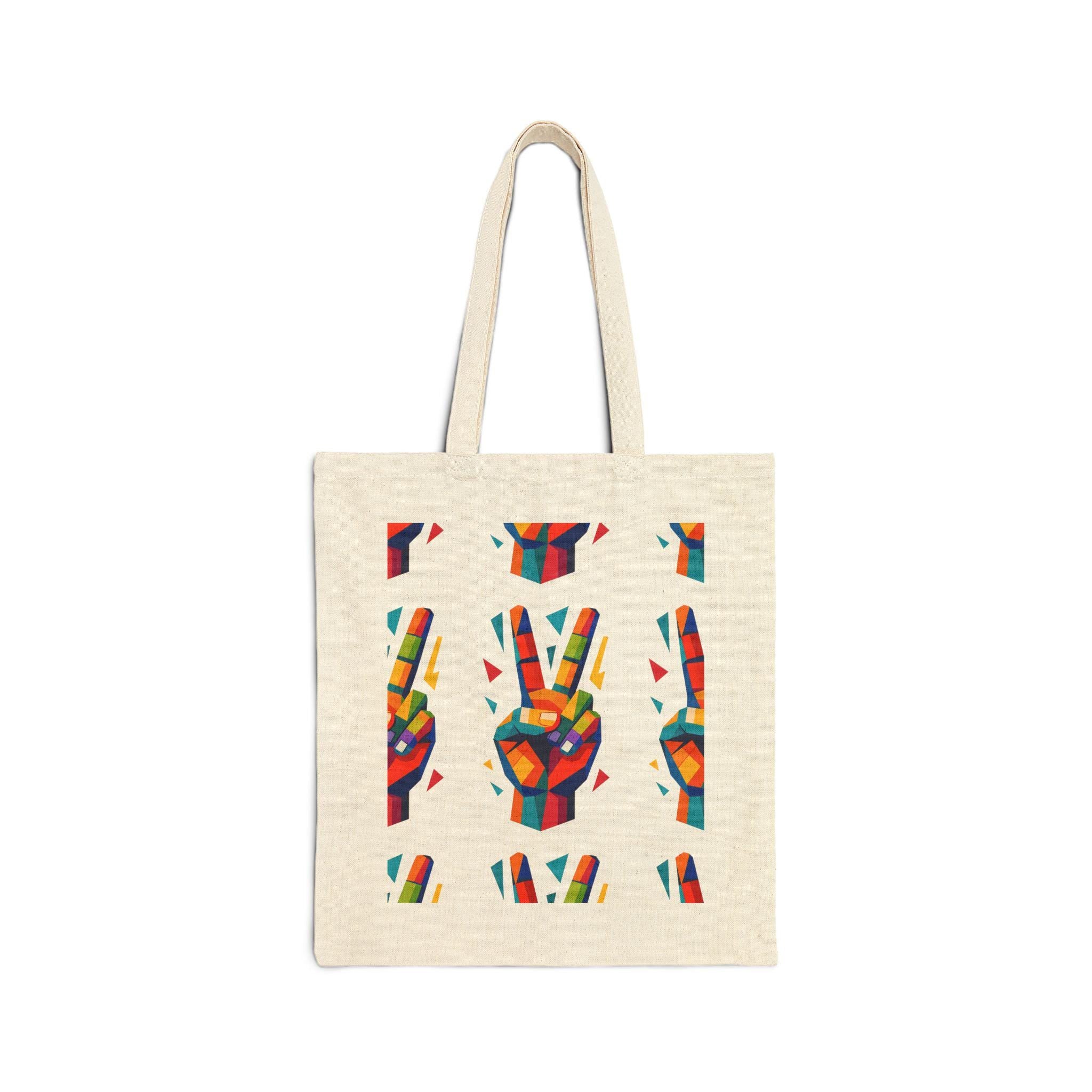 Colorful Peace Sign Cotton Canvas Tote Bag, Reusable Shopper