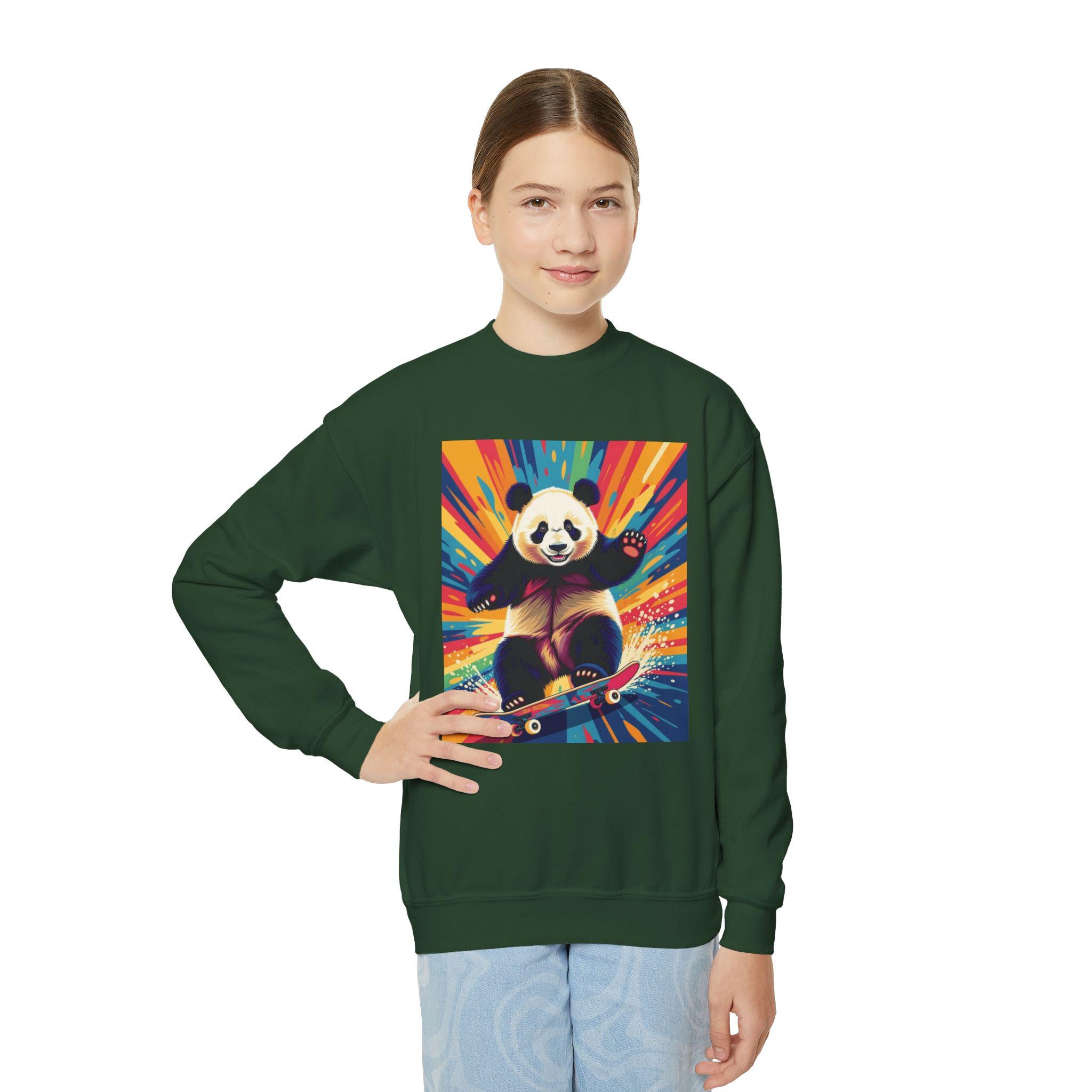 Skateboarding Panda Youth Sweatshirt: Colorful Kids Crewneck