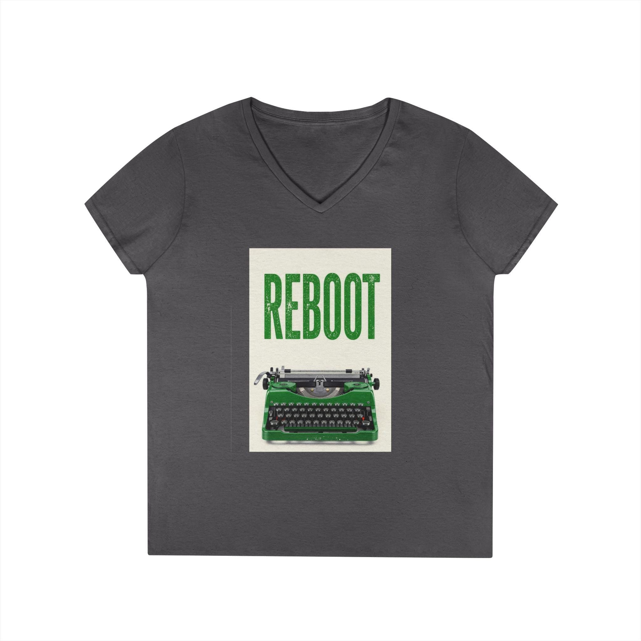 Vintage Typewriter 'Reboot' Graphic Tee - Ladies' V-Neck Cotton T-Shirt