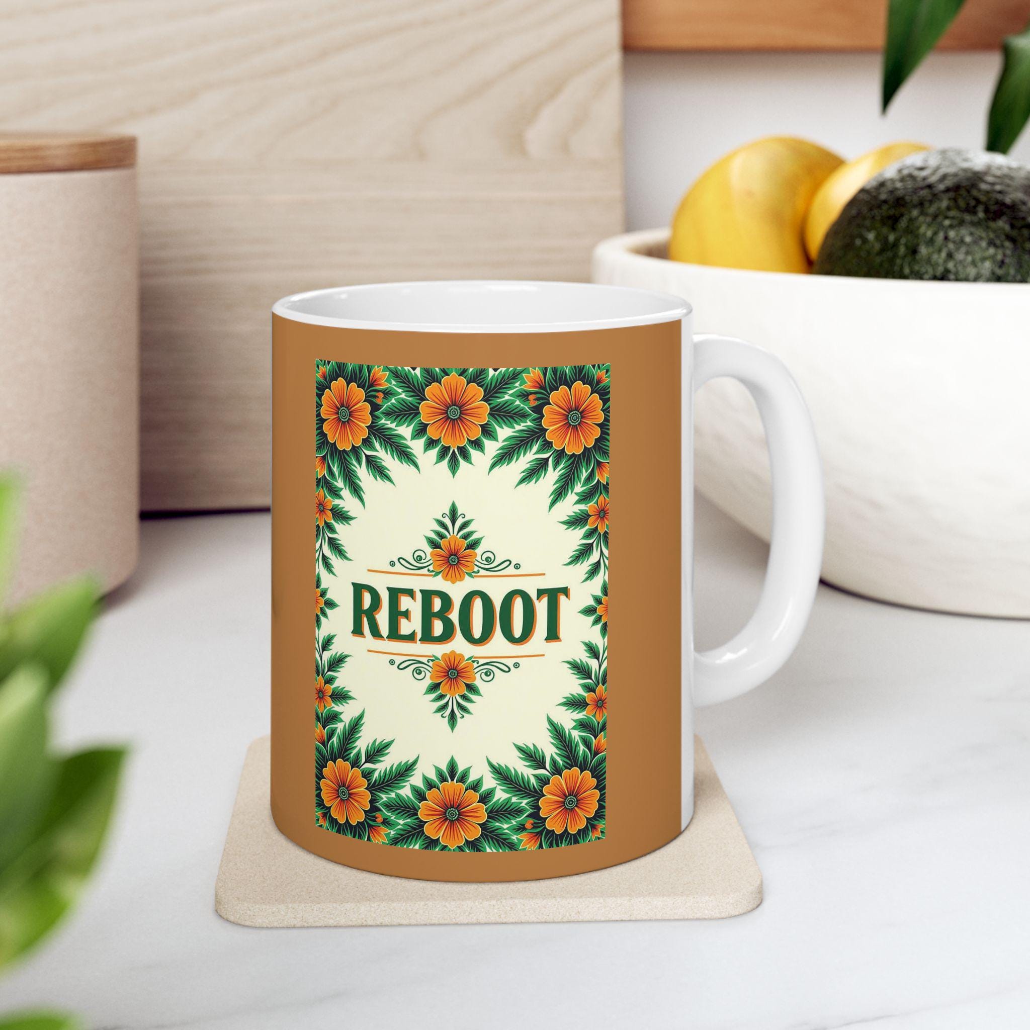 Floral Ceramic Coffee Mug - "Reboot" Design
