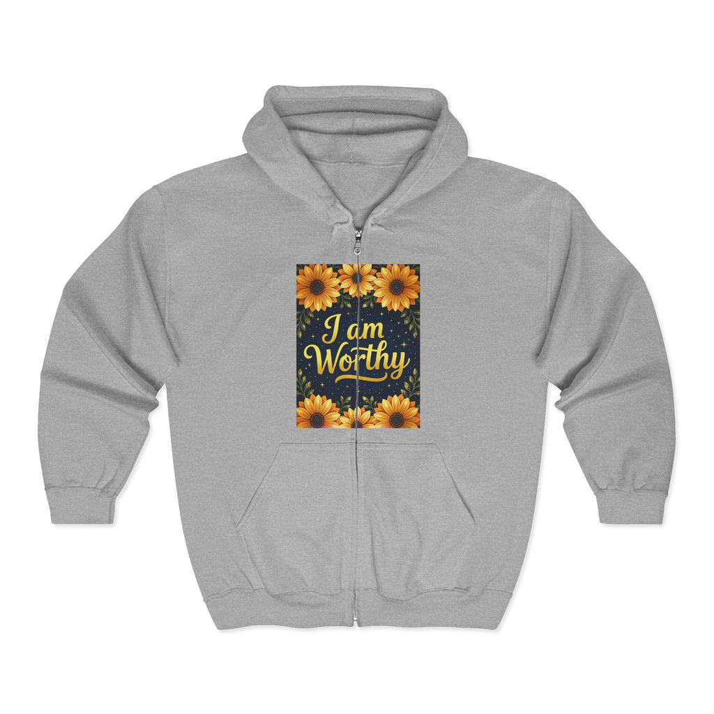 Floral 'I am Worthy' Zip-Up Hoodie: Inspirational Unisex Sweatshirt