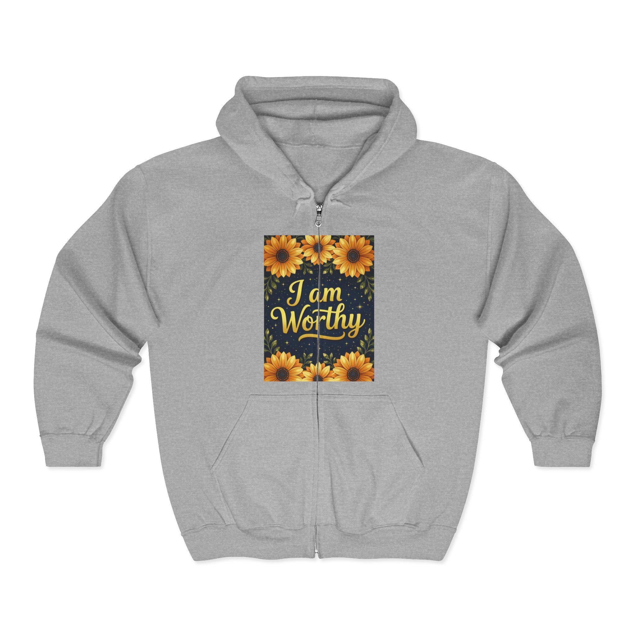 Floral 'I am Worthy' Zip-Up Hoodie: Inspirational Unisex Sweatshirt