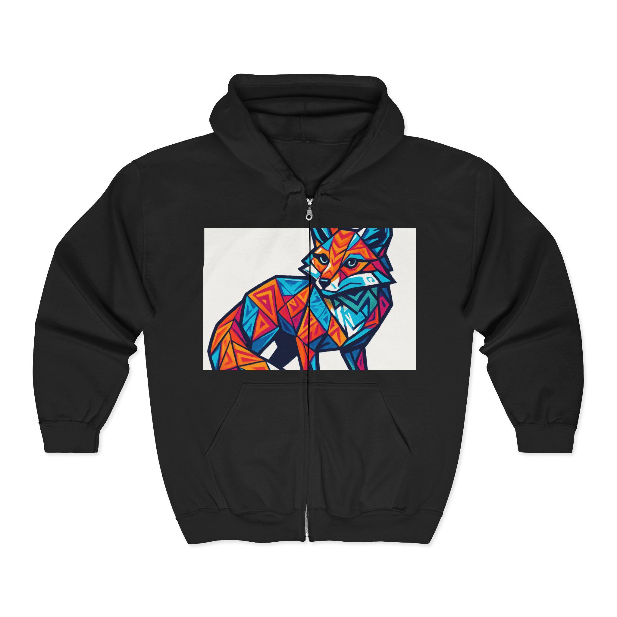 Geometric Fox Graphic Zip Hoodie - Unisex Cozy Sweatshirt