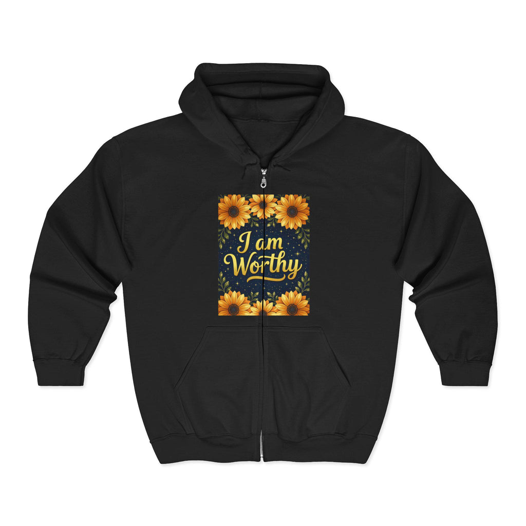 Floral 'I am Worthy' Zip-Up Hoodie: Inspirational Unisex Sweatshirt