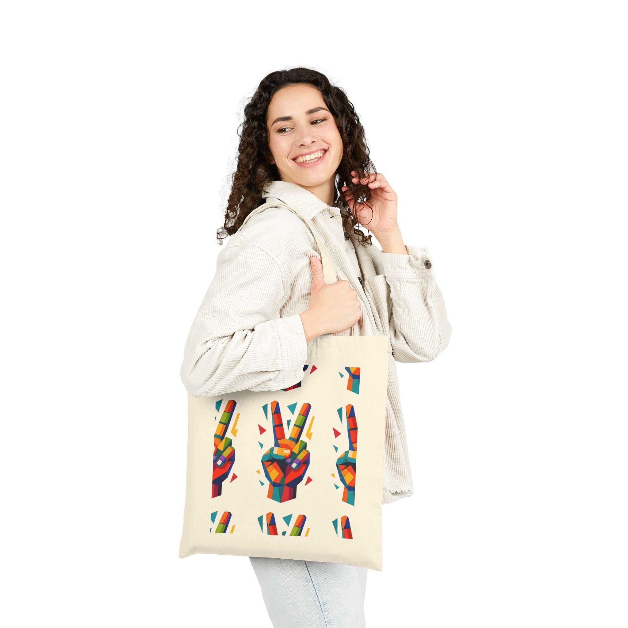 Colorful Peace Sign Cotton Canvas Tote Bag, Reusable Shopper