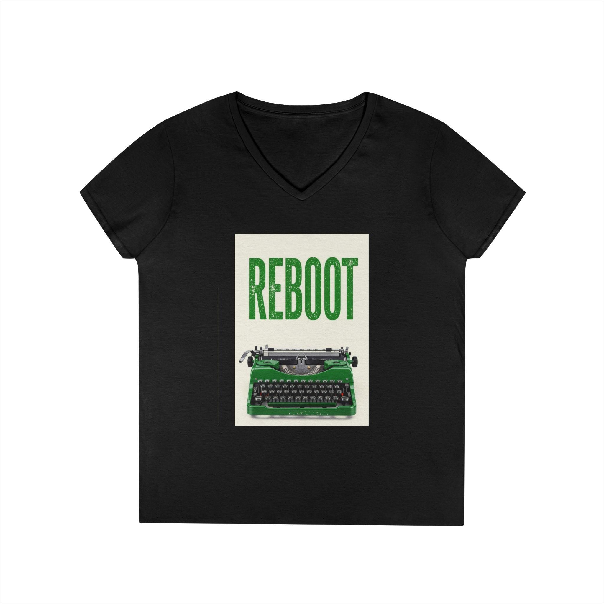 Vintage Typewriter 'Reboot' Graphic Tee - Ladies' V-Neck Cotton T-Shirt