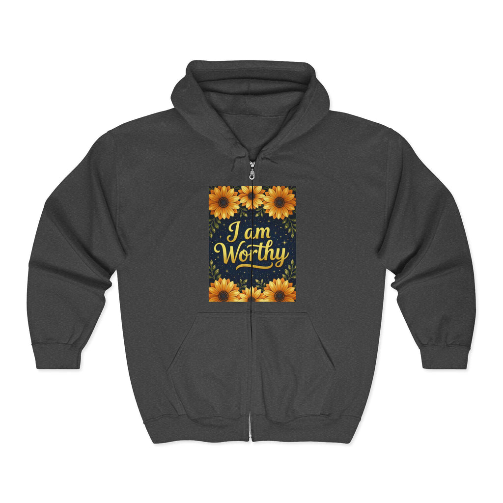 Floral 'I am Worthy' Zip-Up Hoodie: Inspirational Unisex Sweatshirt