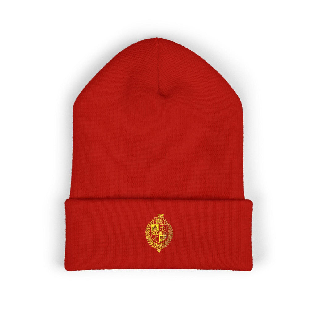 Embroidered Beanie, "Rebuild" Design, Cuffed Knit Hat