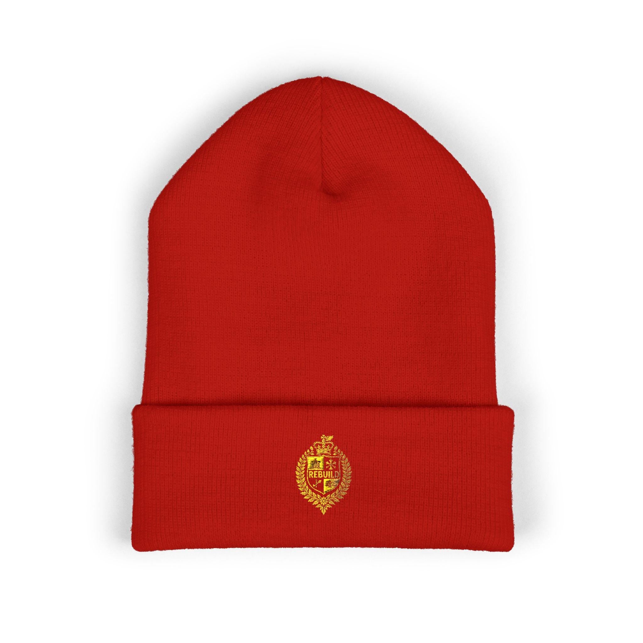 Embroidered Beanie, "Rebuild" Design, Cuffed Knit Hat