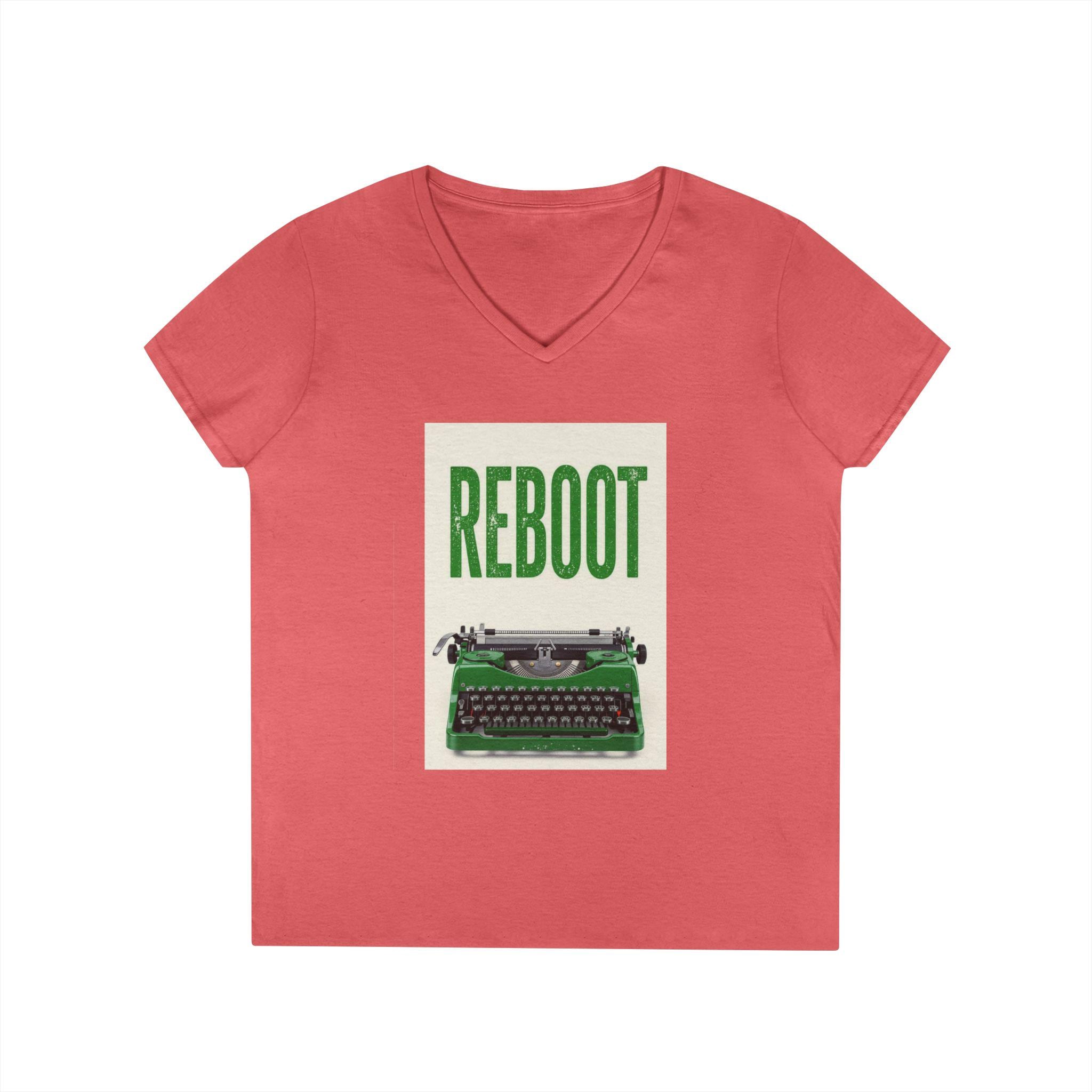 Vintage Typewriter 'Reboot' Graphic Tee - Ladies' V-Neck Cotton T-Shirt