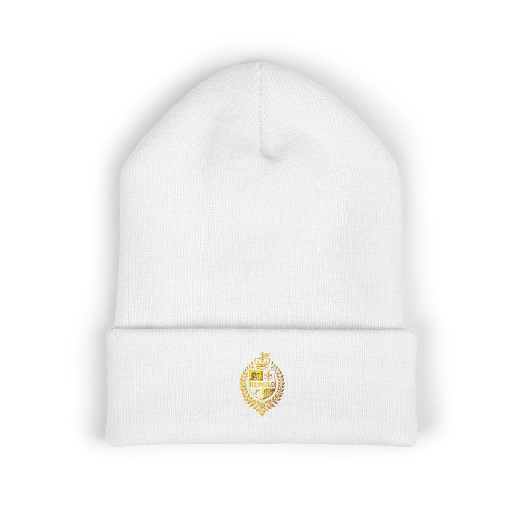 Embroidered Beanie, "Rebuild" Design, Cuffed Knit Hat
