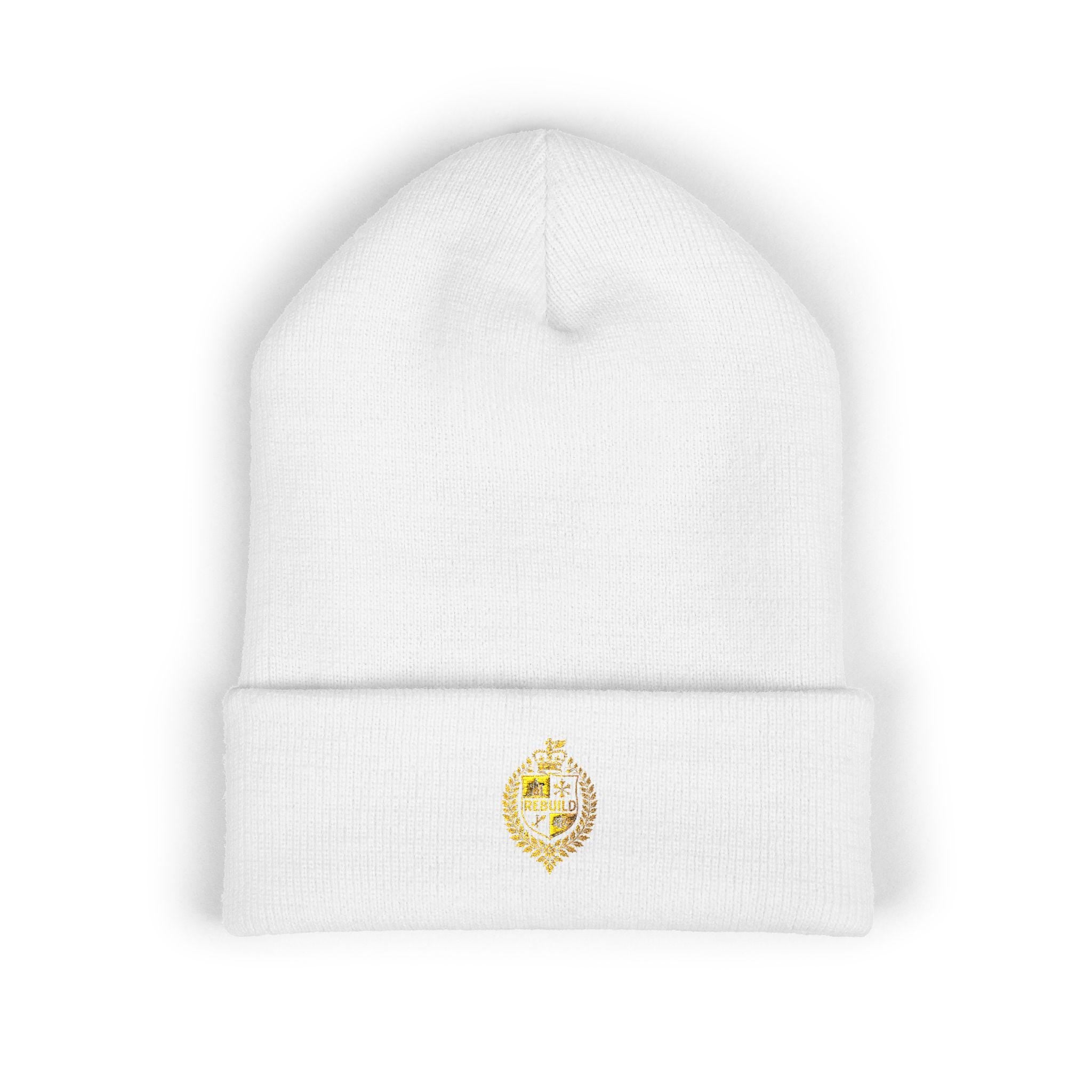 Embroidered Beanie, "Rebuild" Design, Cuffed Knit Hat