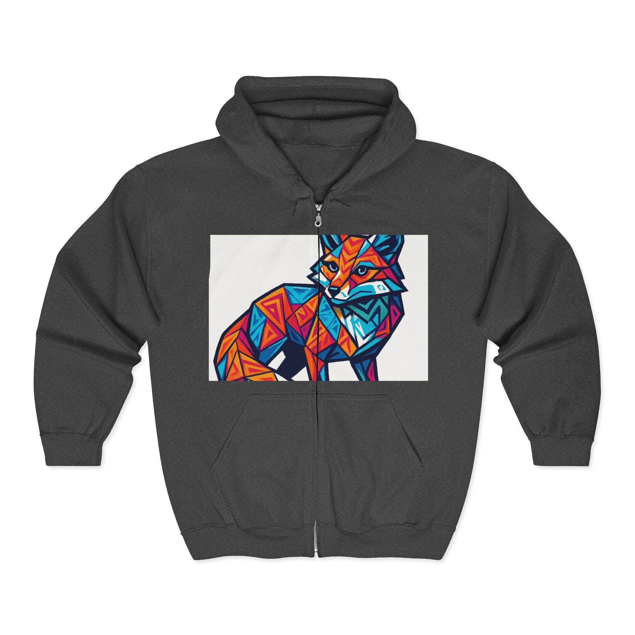 Geometric Fox Graphic Zip Hoodie - Unisex Cozy Sweatshirt