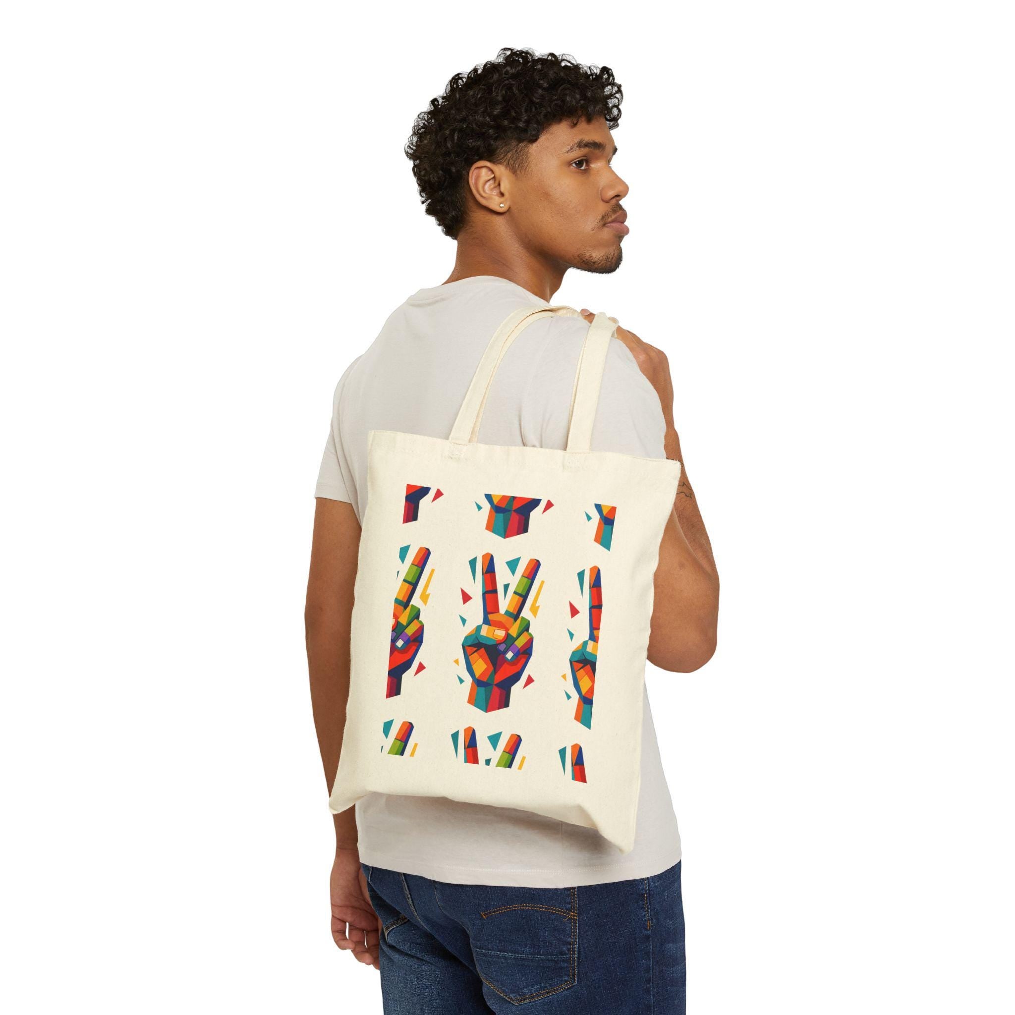 Colorful Peace Sign Cotton Canvas Tote Bag, Reusable Shopper