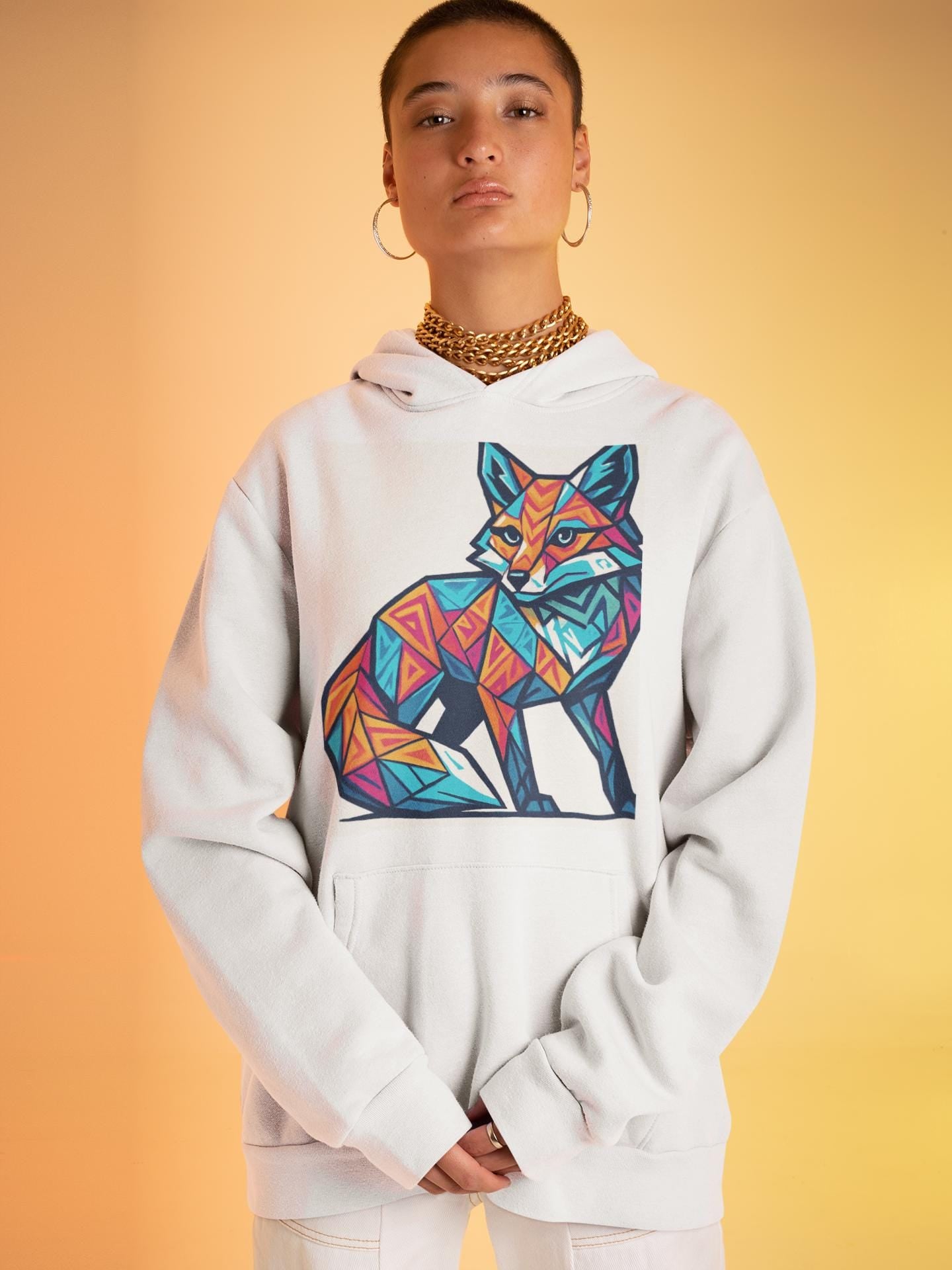 Colorful Fox Art Unisex Hoodie, Graphic Long Sleeve Tee